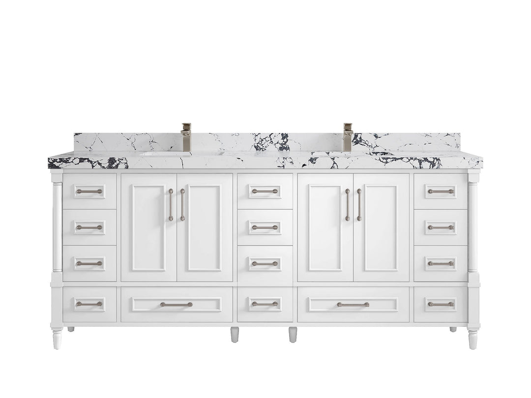 Aberdeen 80 in. W x 22 in. D Double Sink Bathroom Vanity in White with 2 in. Viola Night Quartz Countertop