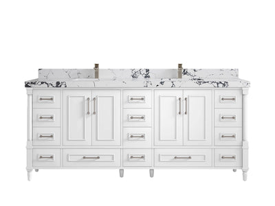 Aberdeen 80 in. W x 22 in. D Double Sink Bathroom Vanity in White with 2 in. Viola Night Quartz Countertop