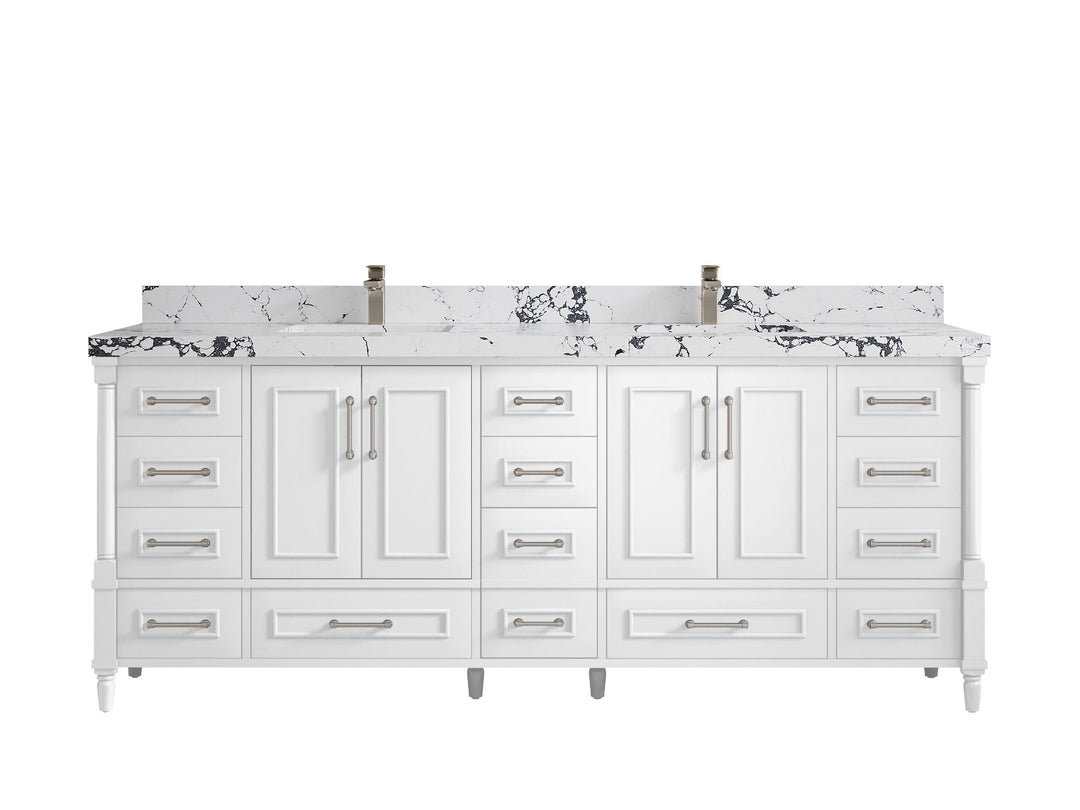 Aberdeen 84 in. W x 22 in. D double Sink Bathroom Vanity in White with 2 in Viola Night Quartz Countertop