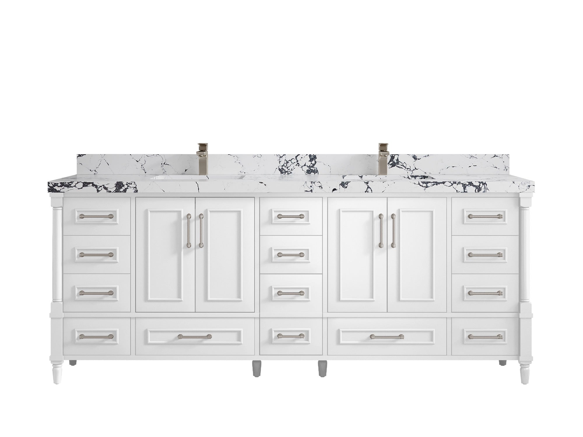 Aberdeen 84 in. W x 22 in. D double Sink Bathroom Vanity in White with 2 in Viola Night Quartz Countertop