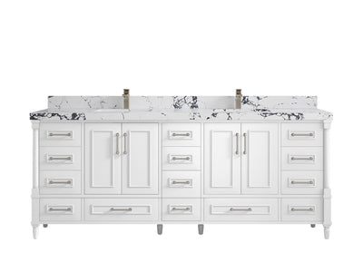 Aberdeen 84 in. W x 22 in. D double Sink Bathroom Vanity in White with 2 in Viola Night Quartz Countertop