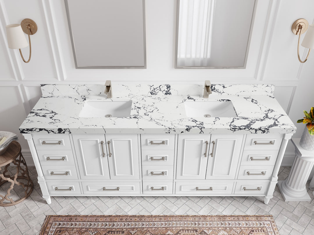 Aberdeen 84 in. W x 22 in. D double Sink Bathroom Vanity in White with 2 in Viola Night Quartz Countertop – Top View