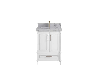 Aberdeen 24-inch bathroom vanity in White with Venatino Quartz countertop, faucet view
