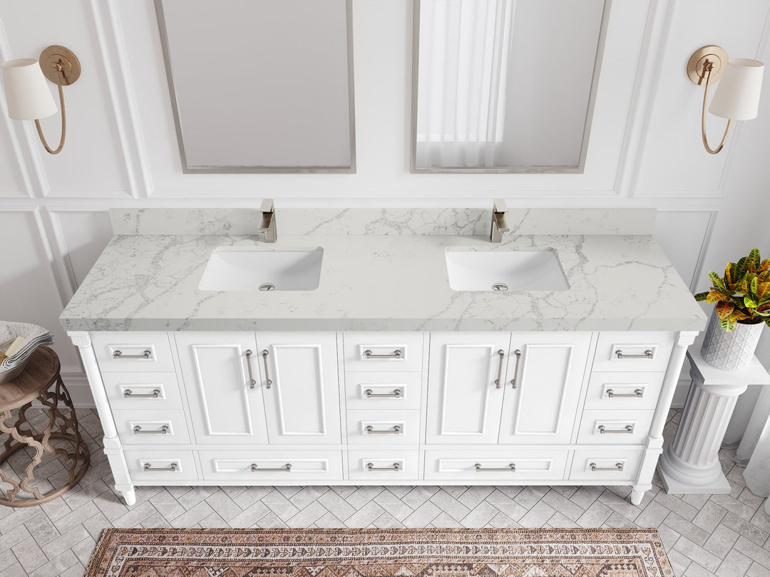 Aberdeen 80 in. W x 22 in. D Double Sink Bathroom Vanity in White with 2 in. Venatino Quartz Countertop - Top View 