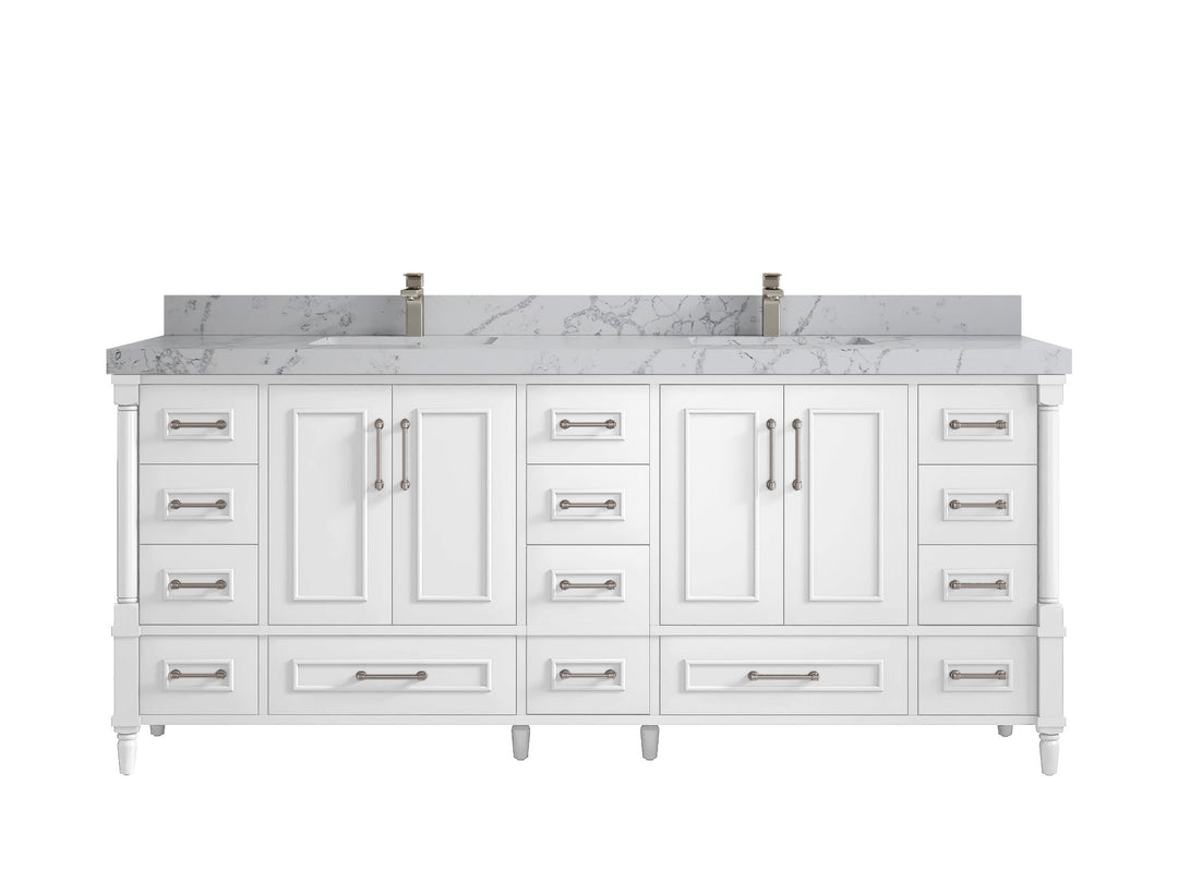 Aberdeen 80 in. W x 22 in. D Double Sink Bathroom Vanity in White with 2 in. Venatino Quartz Countertop
