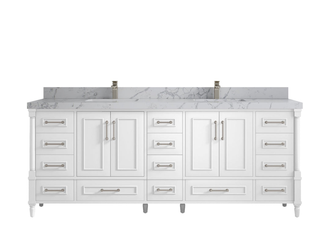 Aberdeen 84 in. W x 22 in. D double Sink Bathroom Vanity in White with 2 in Venatino Quartz Countertop