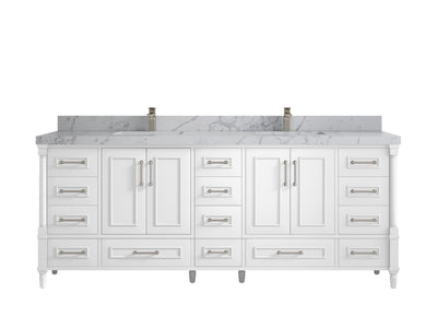 Aberdeen 84 in. W x 22 in. D double Sink Bathroom Vanity in White with 2 in Venatino Quartz Countertop