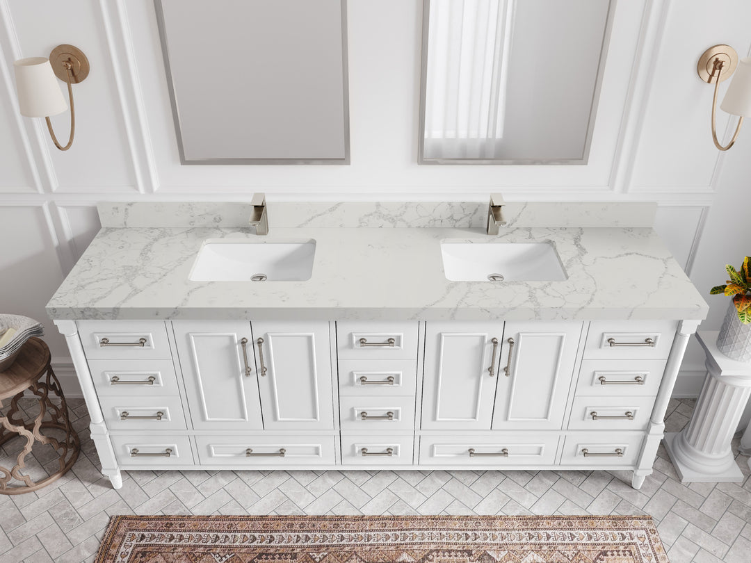 Aberdeen 84 in. W x 22 in. D double Sink Bathroom Vanity in White with 2 in Venatino Quartz Countertop – Top View