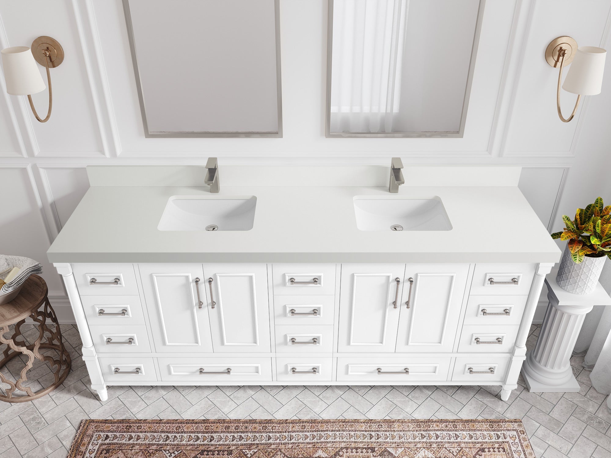 Aberdeen 80 in. W x 22 in. D Double Sink Bathroom Vanity in White with 2 in. White Quartz Countertop - Top View