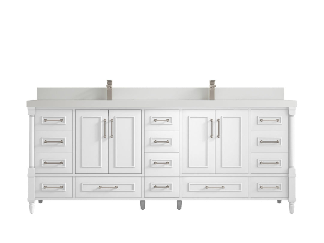 Aberdeen 84 in. W x 22 in. D double Sink Bathroom Vanity in White with 1.5 in White Quartz Countertop