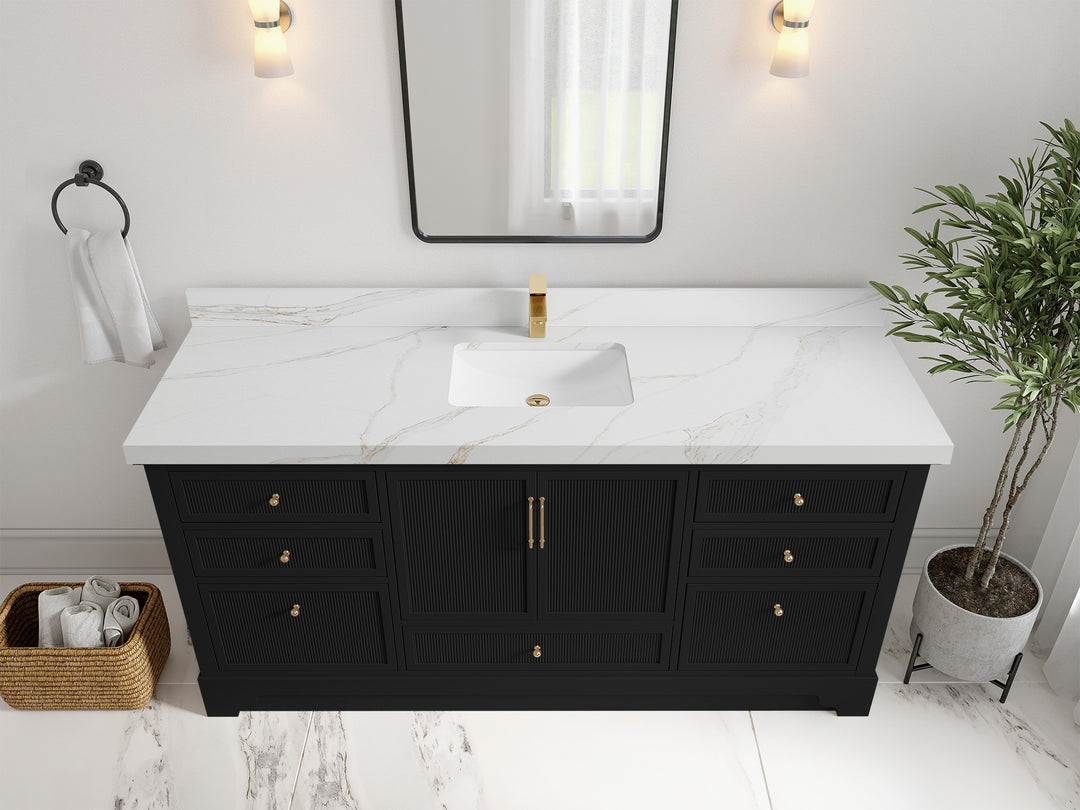 Alys 72 in. W x 22 in. D Single Sink Bathroom Vanity in Black with 2 in Calacatta Sienna Quartz Countertop - Top View