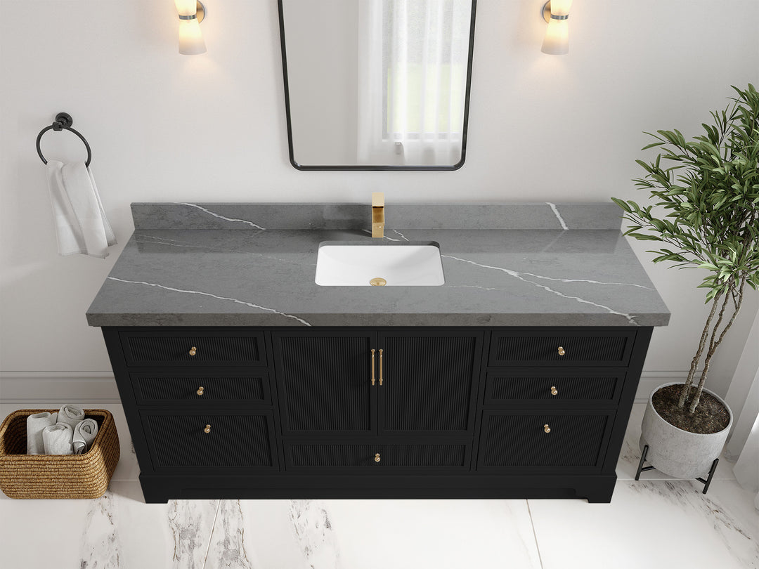 Alys 72 in. W x 22 in. D Single Sink Bathroom Vanity in Black with 2 in Piatra Gray Quartz Countertop - Top View
