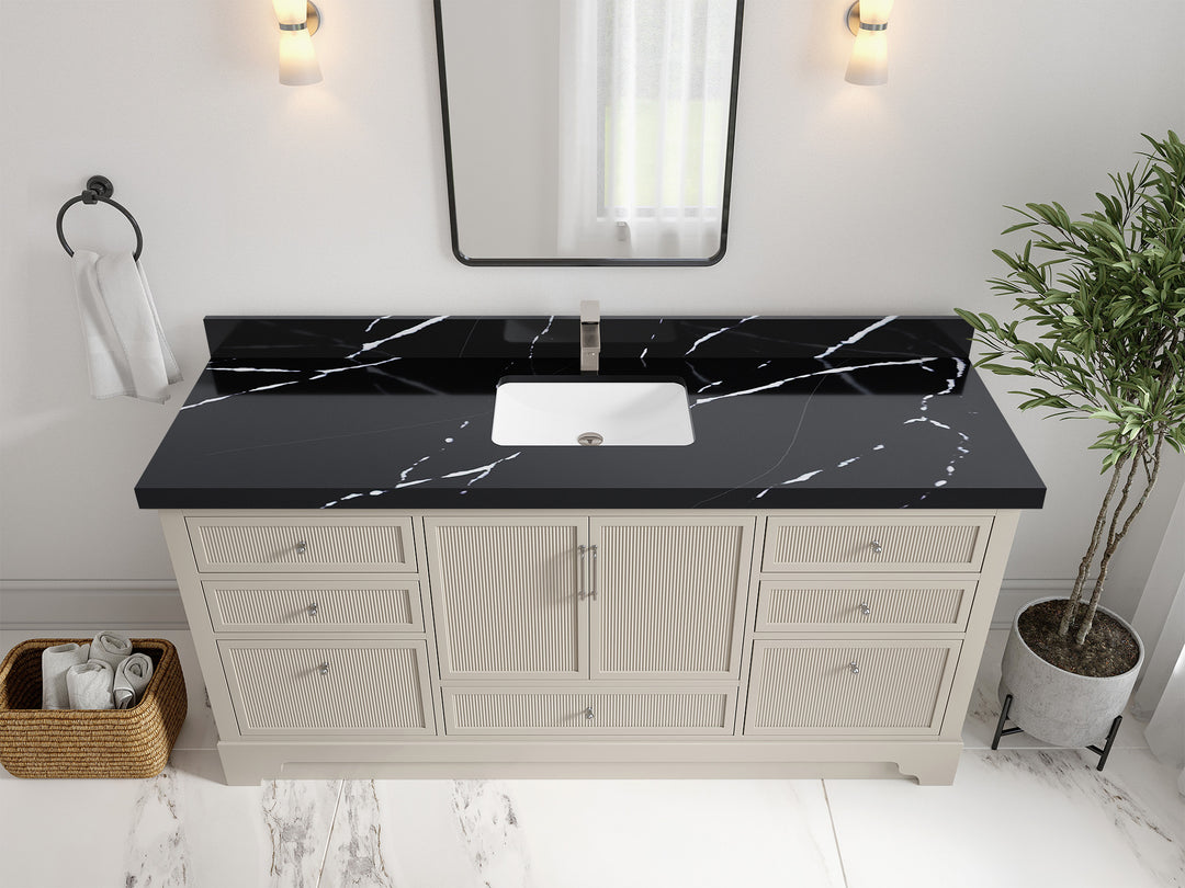 Alys 72 in. W x 22 in. D Single Sink Bathroom Vanity in Fine Grain with 2 in Calacatta Black Quartz Countertop - Top View