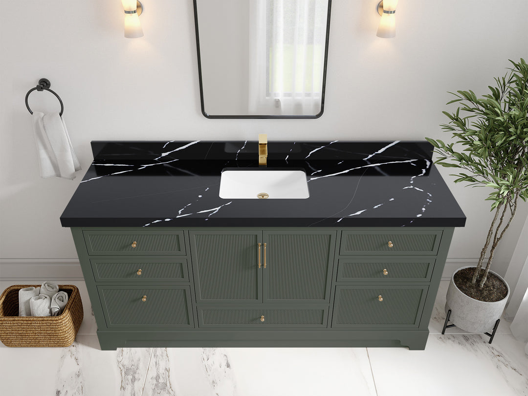 Alys 72 in. W x 22 in. D Single Sink Bathroom Vanity in Pewter Green with 2 in Calacatta Black Quartz Countertop - Top View