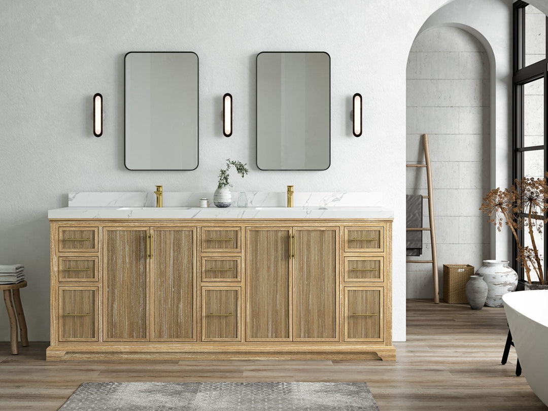 Alys Teak Wood 84 in. W x 22 in. D Double Sink Bathroom Vanity