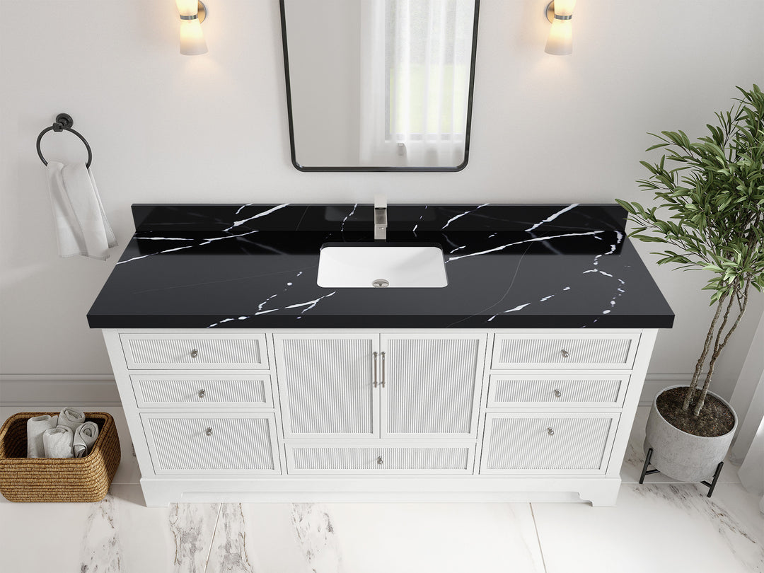 Alys 72 in. W x 22 in. D Single Sink Bathroom Vanity in White with 2 in Calacatta Black Quartz Countertop - Top View