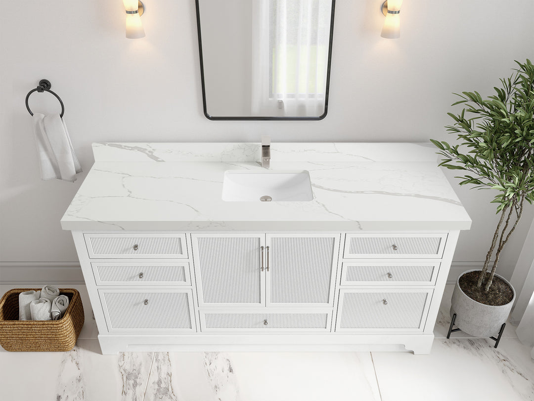 Alys 72 in. W x 22 in. D Single Sink Bathroom Vanity in White with 2 in Calacatta Laza Quartz Countertop - Top View