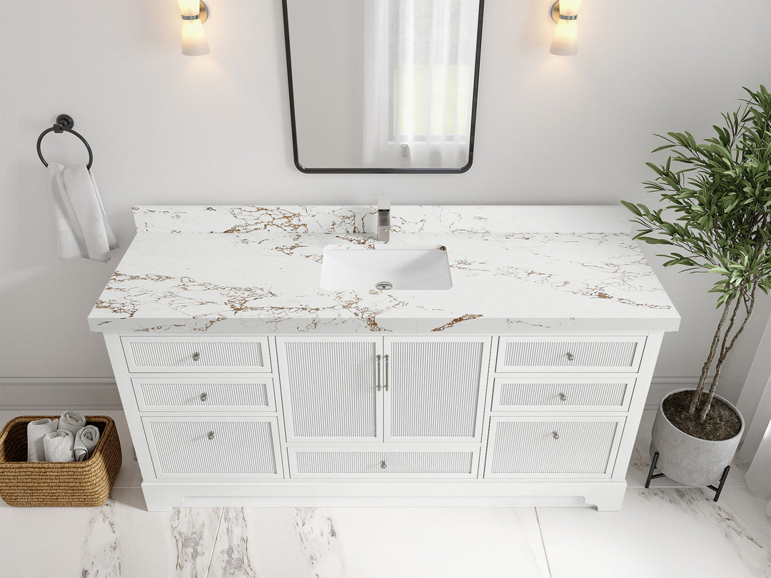 Alys 72 in. W x 22 in. D Single Sink Bathroom Vanity in White with 2 in Viola Gold Quartz Countertop - Top View