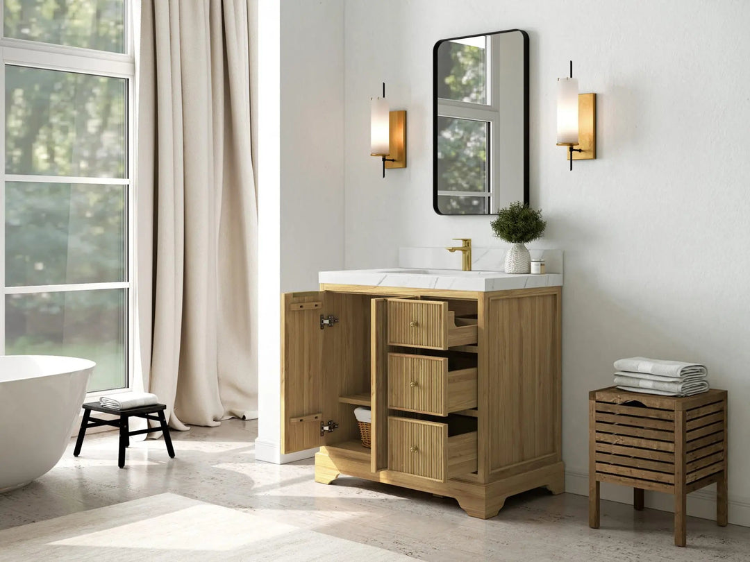 Austin Teak Wood 36" W x 22" D Center Sink Vanity for Contemporary Bathrooms
