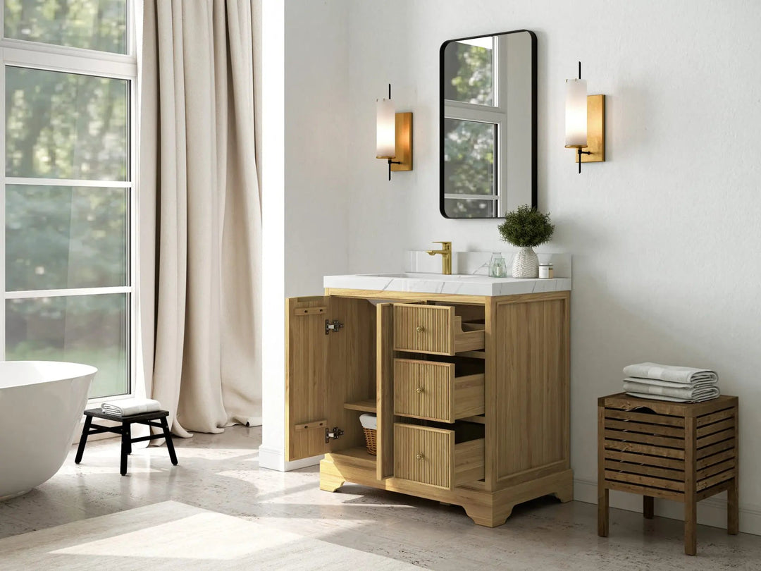 Austin Teak Wood 36 in. W x 22 in. D Left Offset Sink Bathroom Vanity