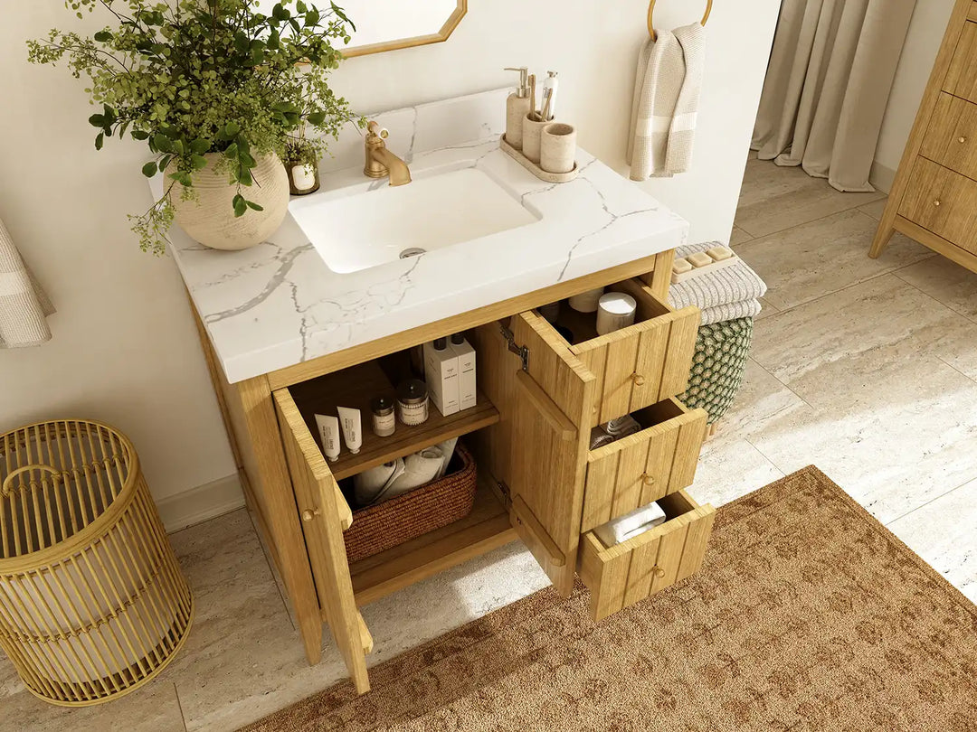 Atlanta 36 in. W x 22 in. D Teak Wood Center Sink Bathroom Vanity | 
              
                Light Natural Teak
                
                  
             - ATL_TK_LNT_WHQZ_36CL - photo №3