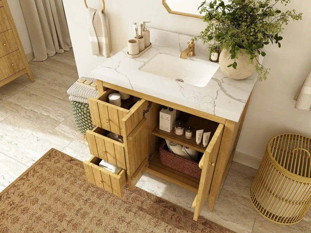 Atlanta Teak Wood 36 in. W x 22 in. D Center Sink Bathroom Vanity | 
              
                Light Natural Teak
                
                  
             - ATL_TK_LNT_WHQZ_36CR - photo №3