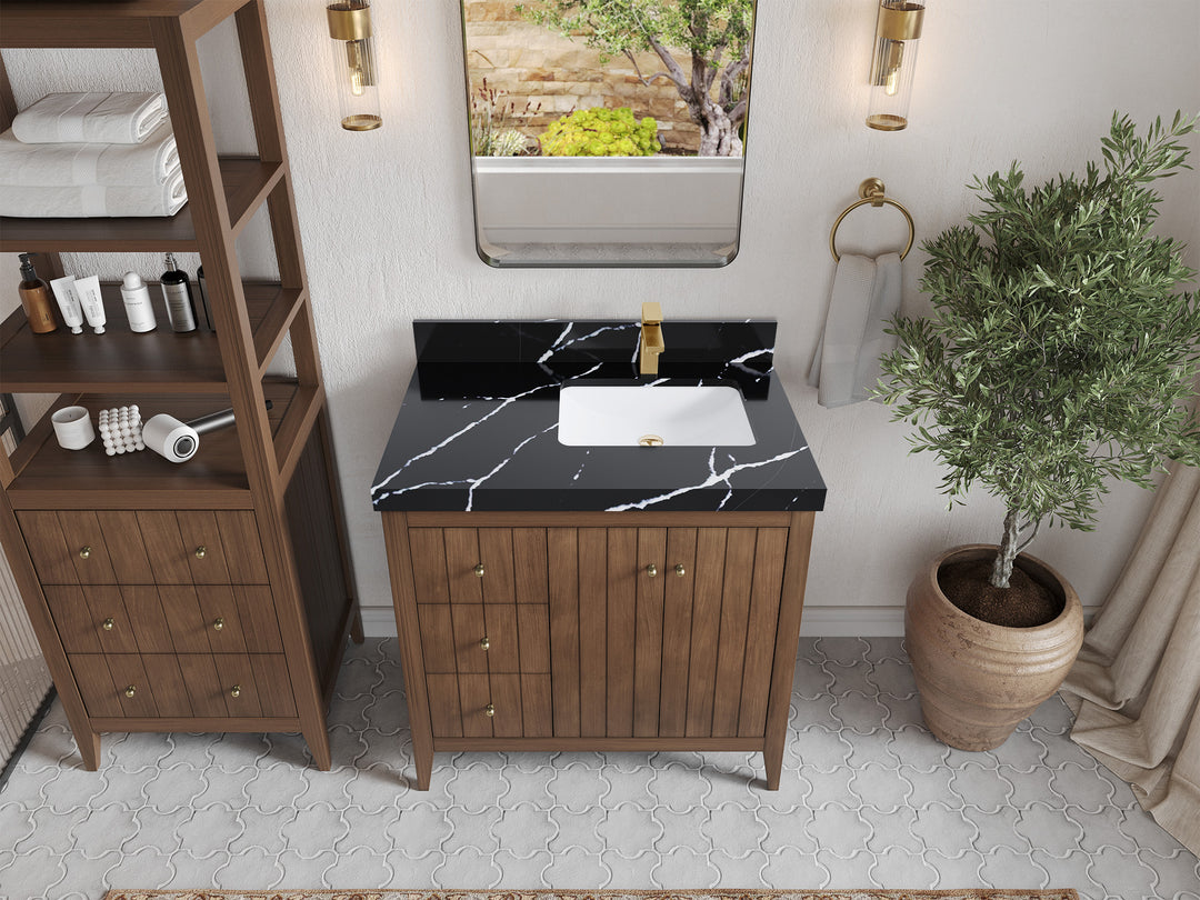 Atlanta Teak Wood 36 in. W x 22 in. D Right Offset Sink Bathroom Vanity