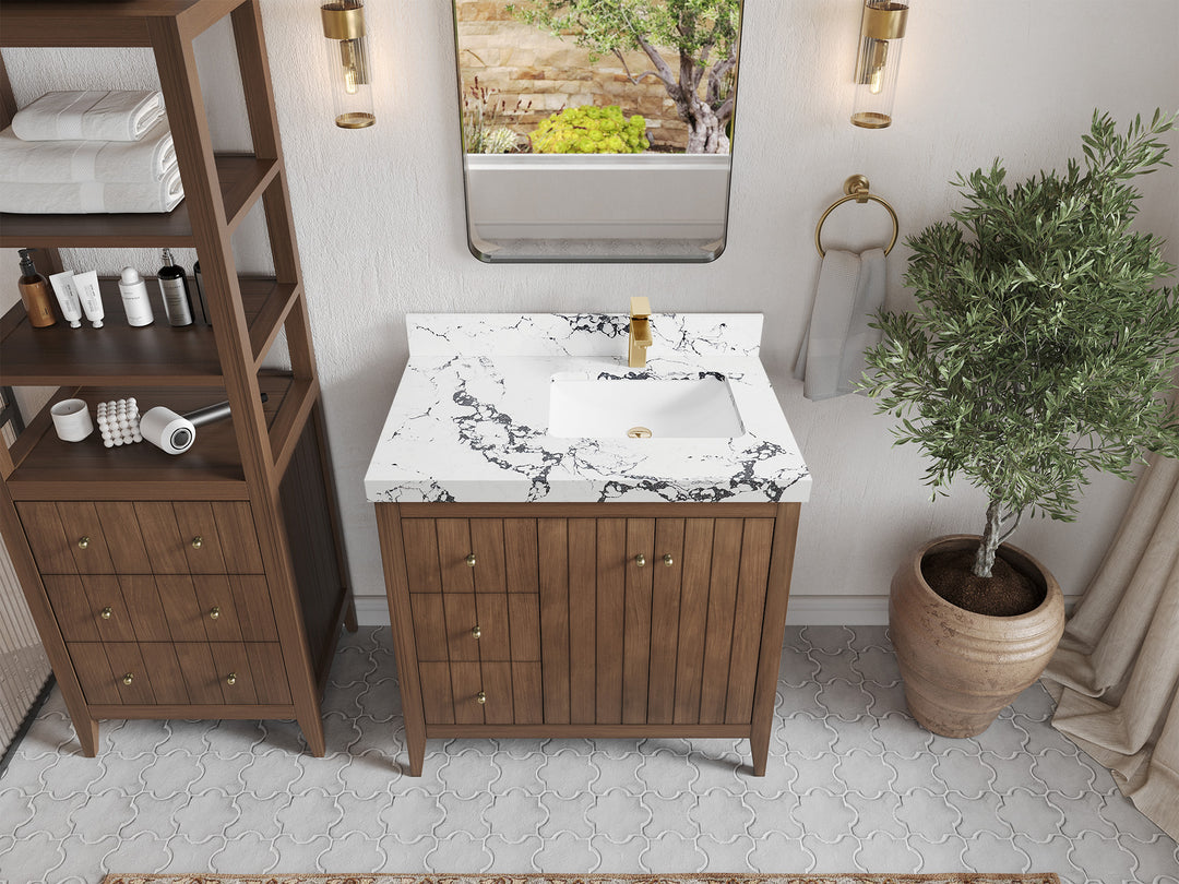 Atlanta Teak Wood 36 in. W x 22 in. D Right Offset Sink Bathroom Vanity
