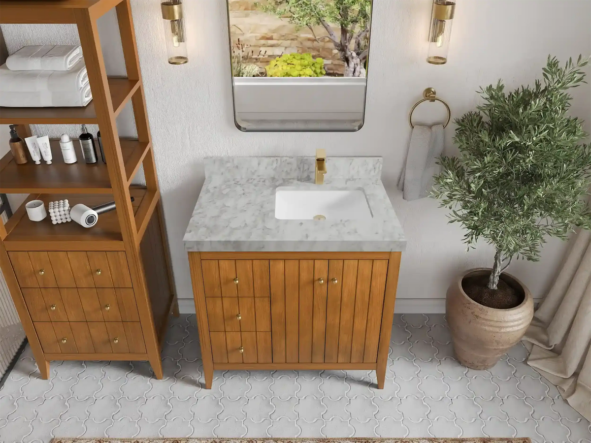 Atlanta Teak Wood 36 in. W x 22 in. D Right Offset Sink Bathroom Vanity