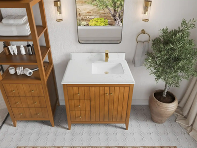 Atlanta Teak Wood 36 in. W x 22 in. D Right Offset Sink Bathroom Vanity