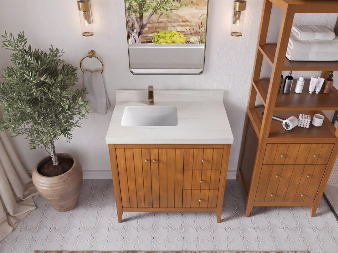 Atlanta Teak Wood 36 in. W x 22 in. D Left Offset Sink Bathroom Vanity | 
              
                Dark Natural Teak
                
                  
             - ATL_TK_DNT_WHQZ_36L - photo №35
