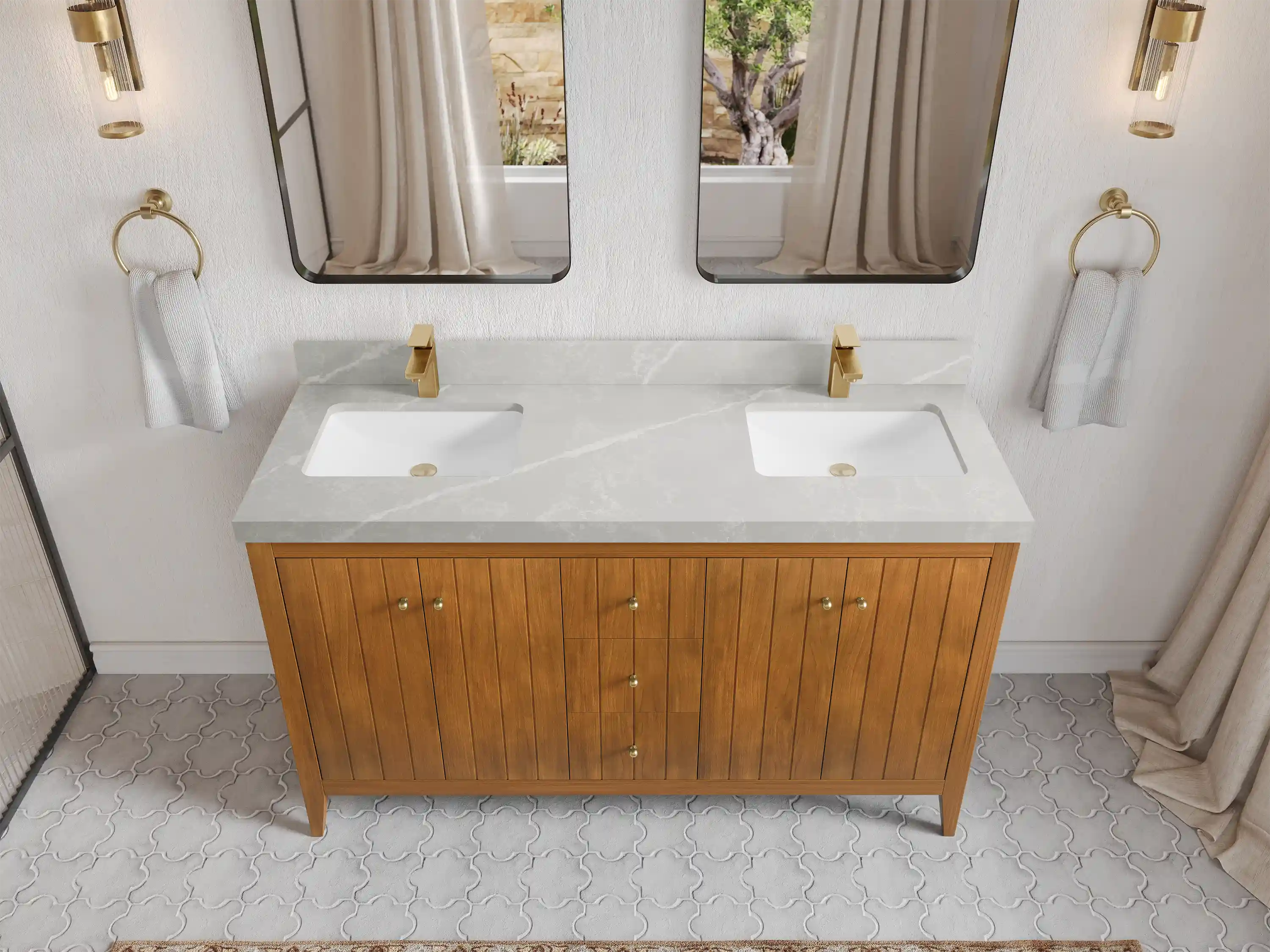 Atlanta Teak Wood 60 in. W x 22 in. D Double Sink Bathroom Vanity