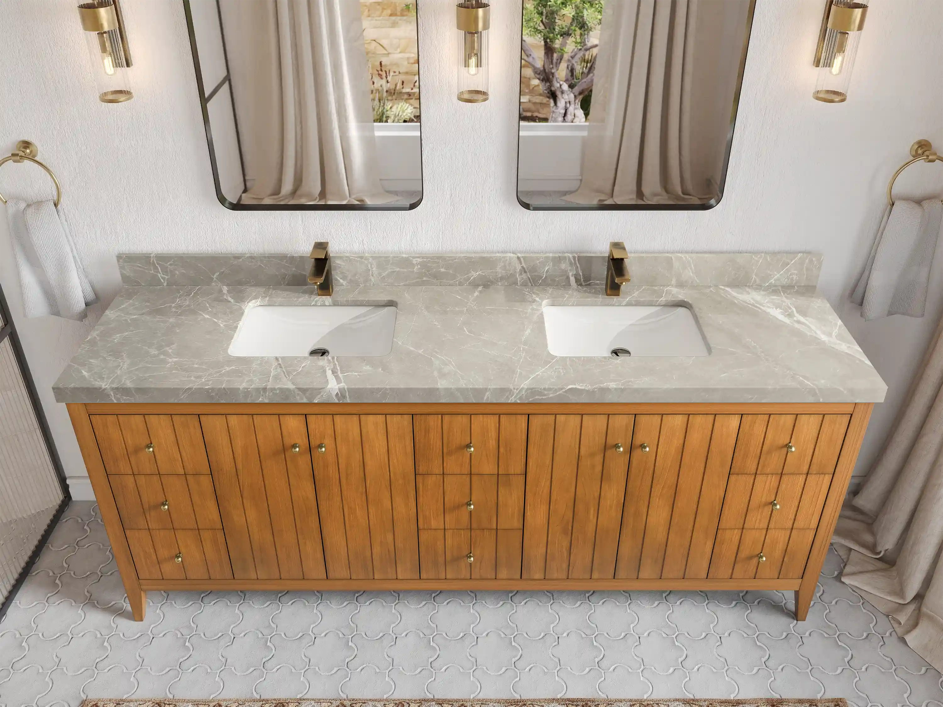 Atlanta Teak Wood 84 in. W x 22 in. D Double Sink Bathroom Vanity