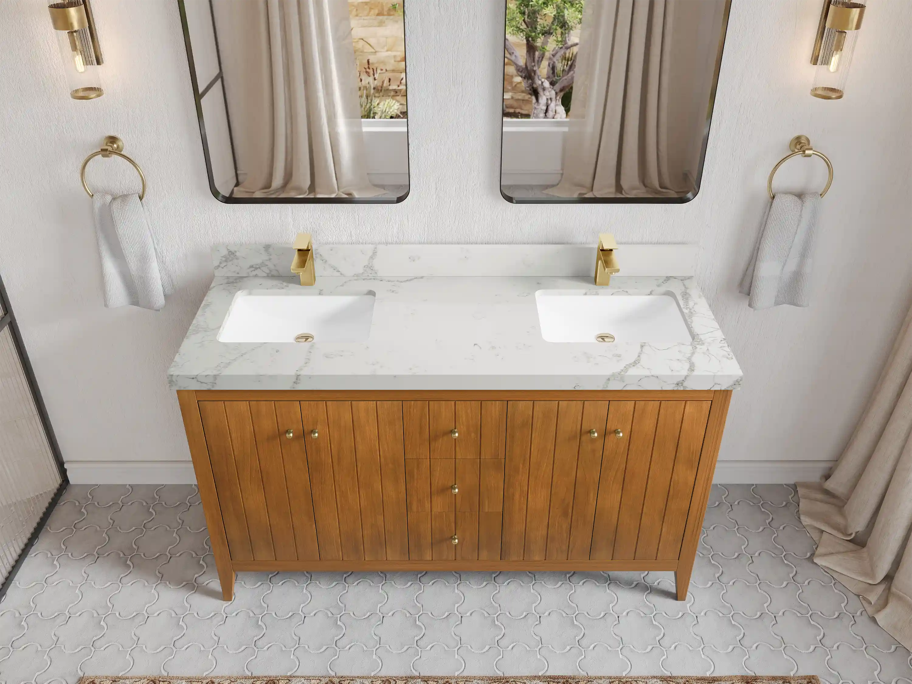 Atlanta Teak Wood 60 in. W x 22 in. D Double Sink Bathroom Vanity