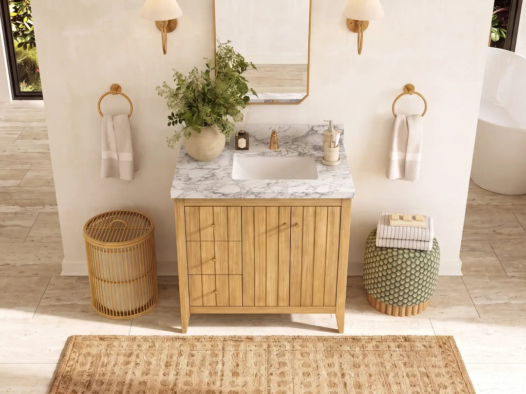 Atlanta Teak Wood 36 in. W x 22 in. D Right Offset Sink Bathroom Vanity | 
              
                Light Natural Teak
                
                  
             - ATL_TK_LNT_WHQZ_36R - photo №11