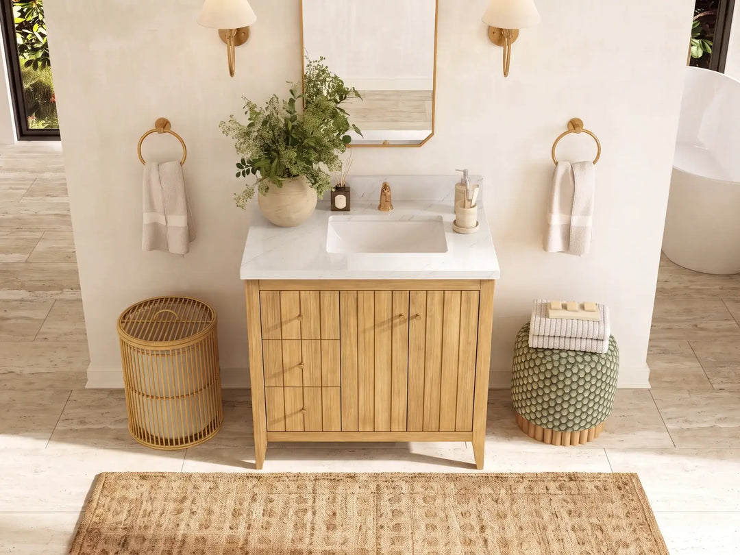 Atlanta Teak Wood 36 in. W x 22 in. D Right Offset Sink Bathroom Vanity | 
              
                Light Natural Teak
                
                  
             - ATL_TK_LNT_WHQZ_36R - photo №28