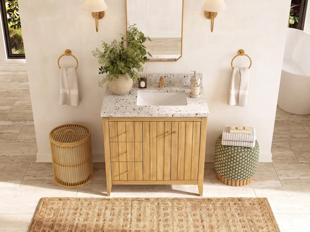 Atlanta Teak Wood 36 in. W x 22 in. D Right Offset Sink Bathroom Vanity | 
              
                Light Natural Teak
                
                  
             - ATL_TK_LNT_WHQZ_36R - photo №33