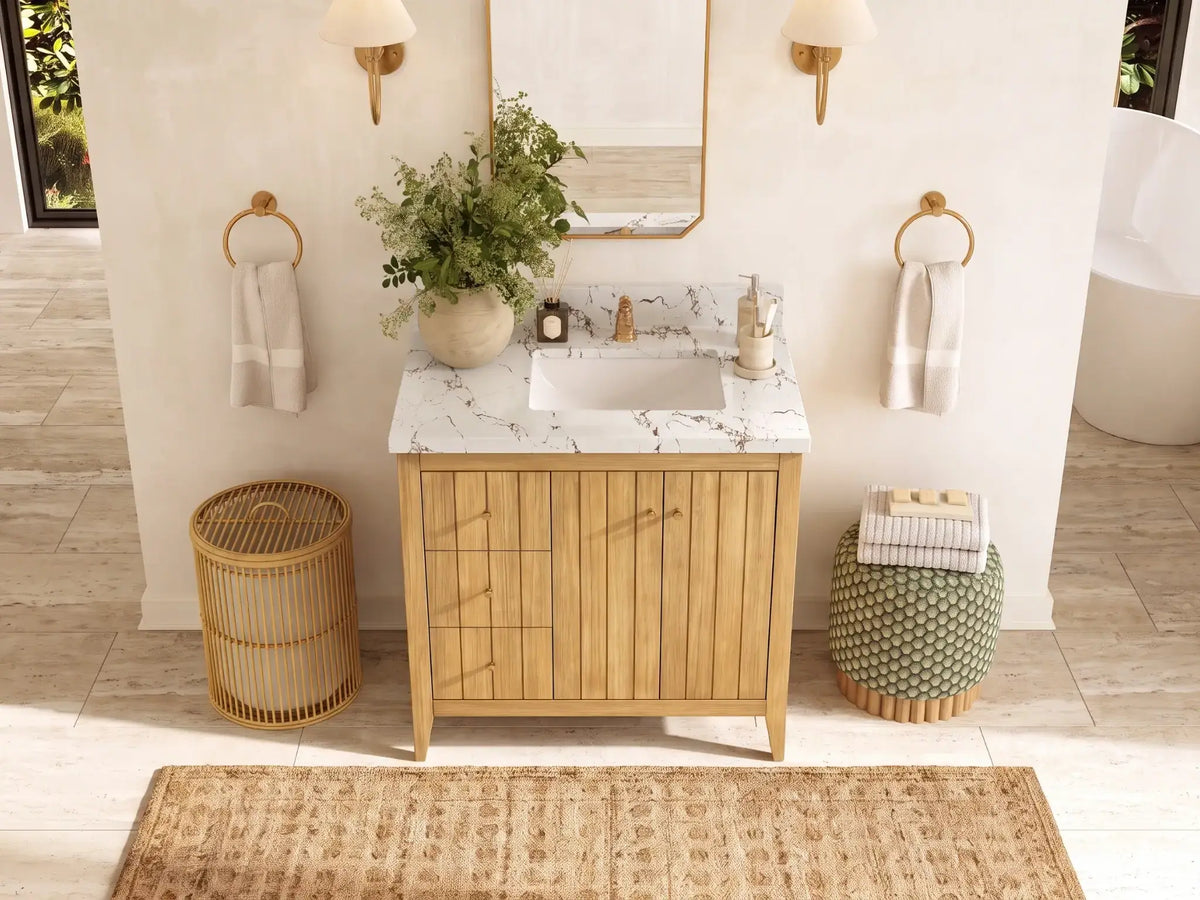 Atlanta Teak Wood 36 in. W x 22 in. D Right Offset Sink Bathroom Vanity
