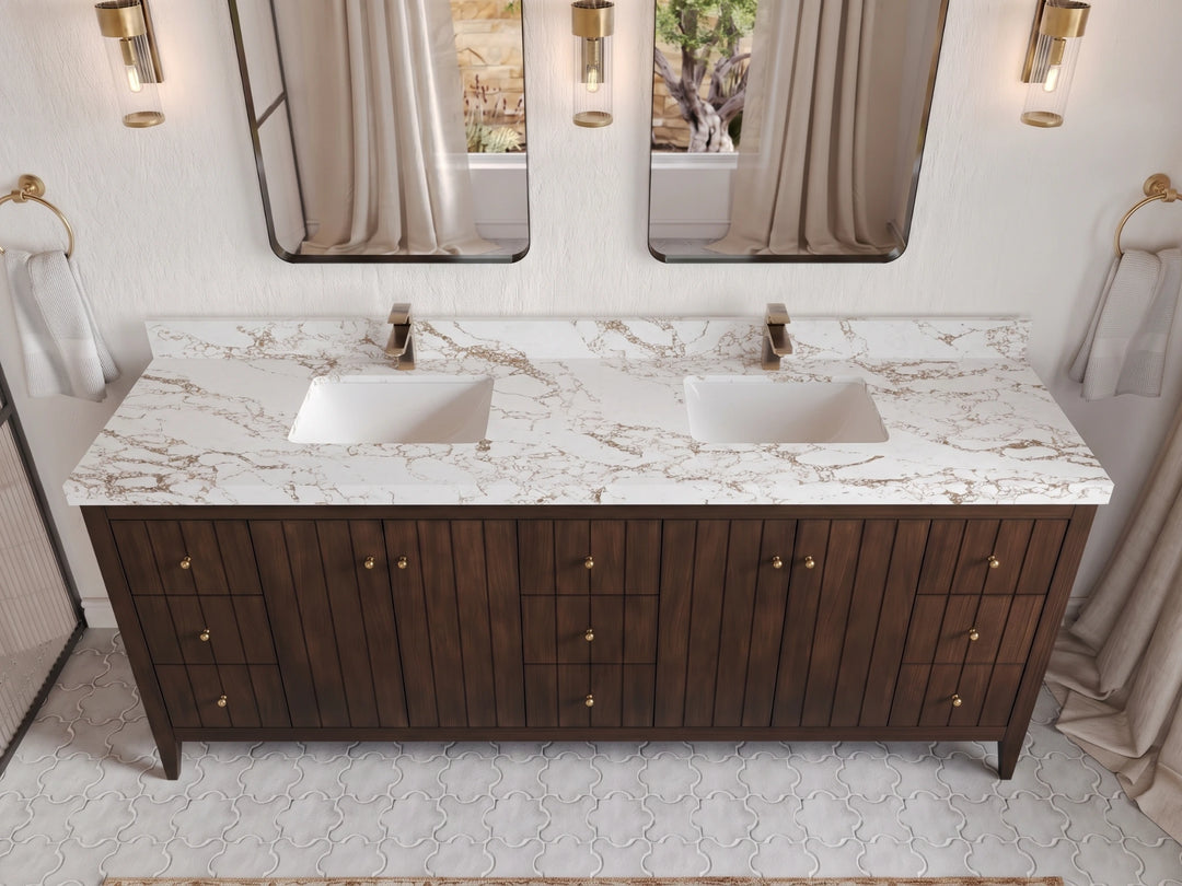 Atlanta Teak Wood 84 in. W x 22 in. D Double Sink Bathroom Vanity | 
              
                Dark Walnut Finish Teak
                
                  
             - ATL_TK_WLN_WHQZ_84D - photo №36