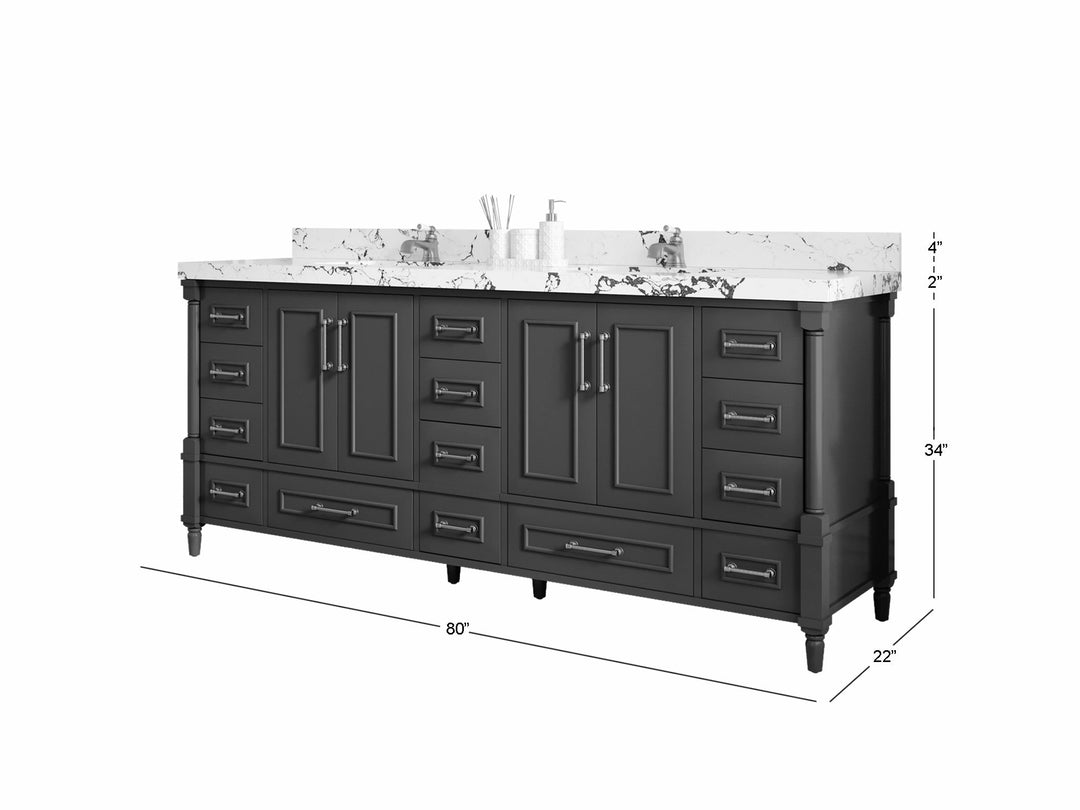 Aberdeen 80 in. W x 22 in. D Double Sink Bathroom Vanity in Black with countertop - Dimensions