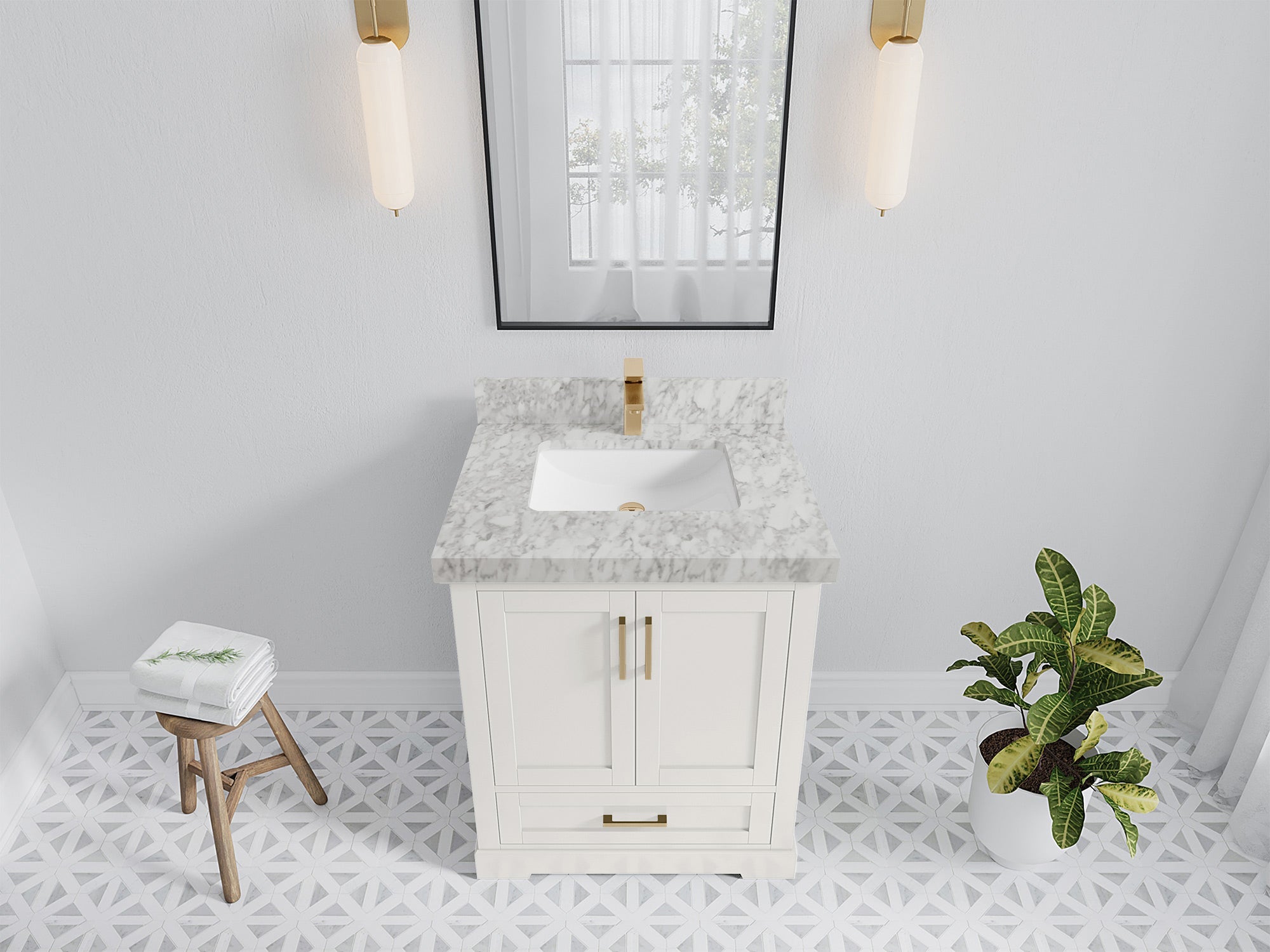 Boston 30 in. W x 22 in. D Single Sink Bathroom Vanity in Alabaster with 2 in Carrara Marble Countertop - Top View