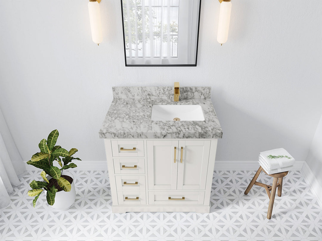Boston 36 in. W x 22 in. D Single Sink Bathroom Vanity in Alabaster with 2 in Carrara Marble Countertop - Top View