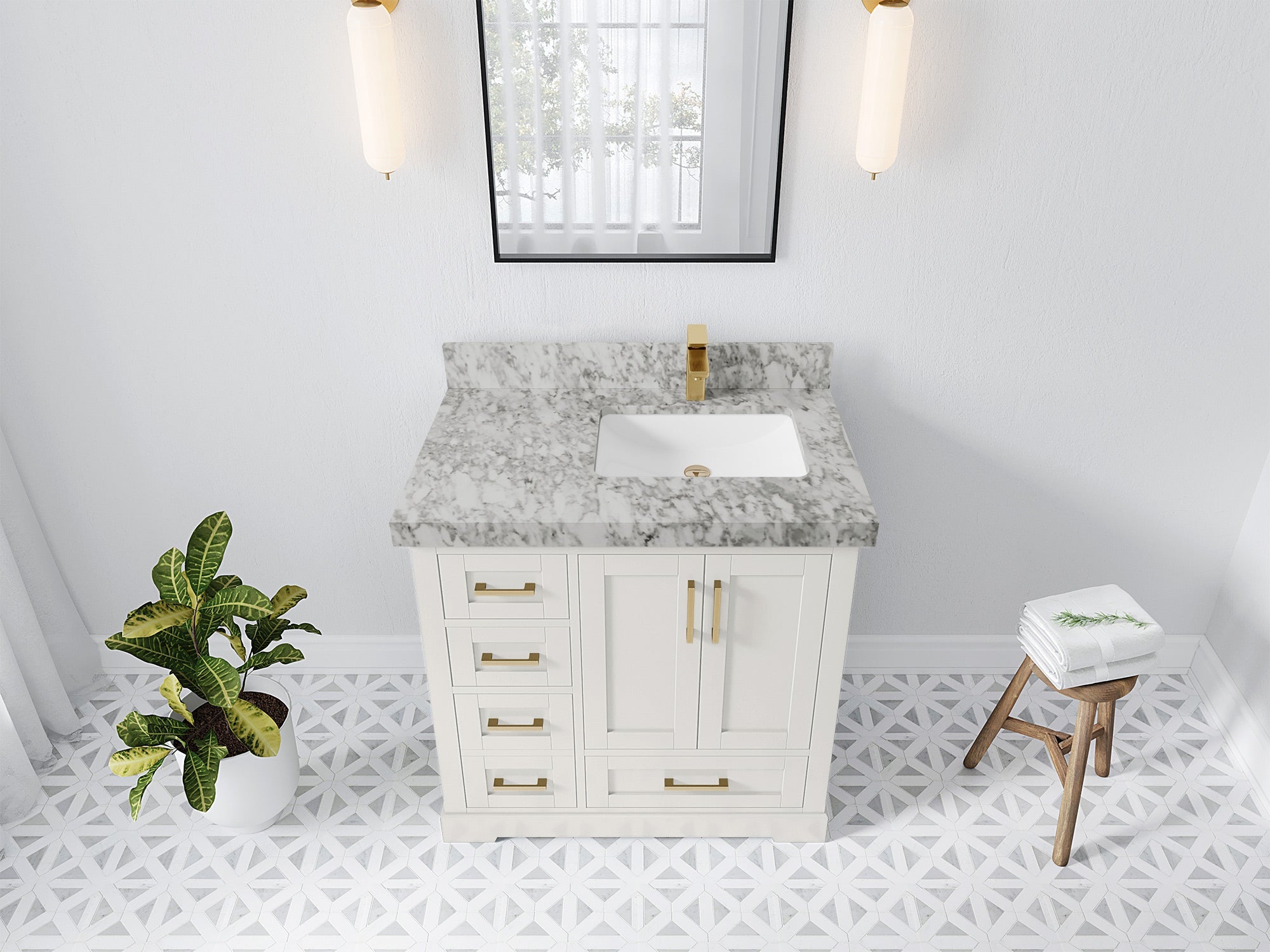 Boston 36 in. W x 22 in. D Single Sink Bathroom Vanity in Alabaster with 2 in Carrara Marble Countertop - Top View