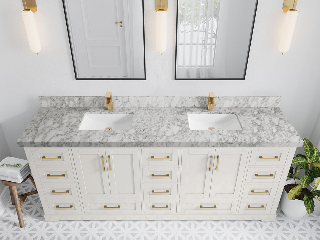 Boston 84 in. W x 22 in. D Double Sink Bathroom Vanity in Alabaster with 2 in Carrara Marble Countertop - Top View