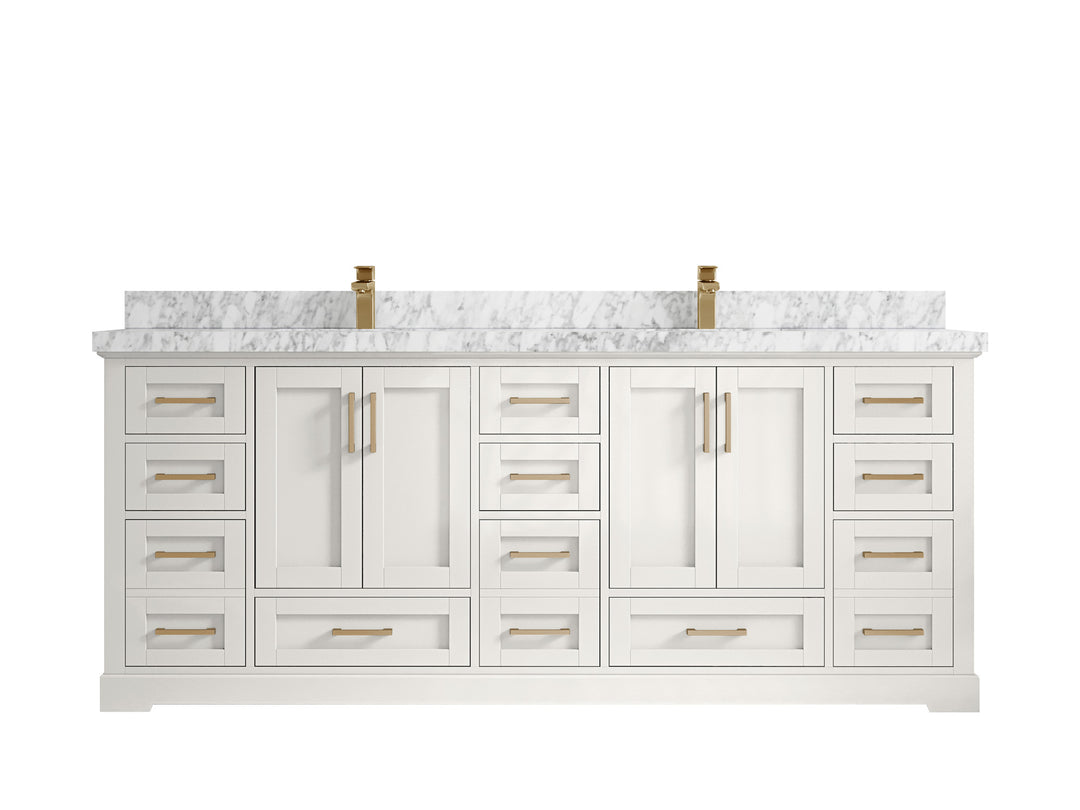 Boston 84 in. W x 22 in. D Double Sink Bathroom Vanity in Alabaster with 2 in Carrara Marble Countertop