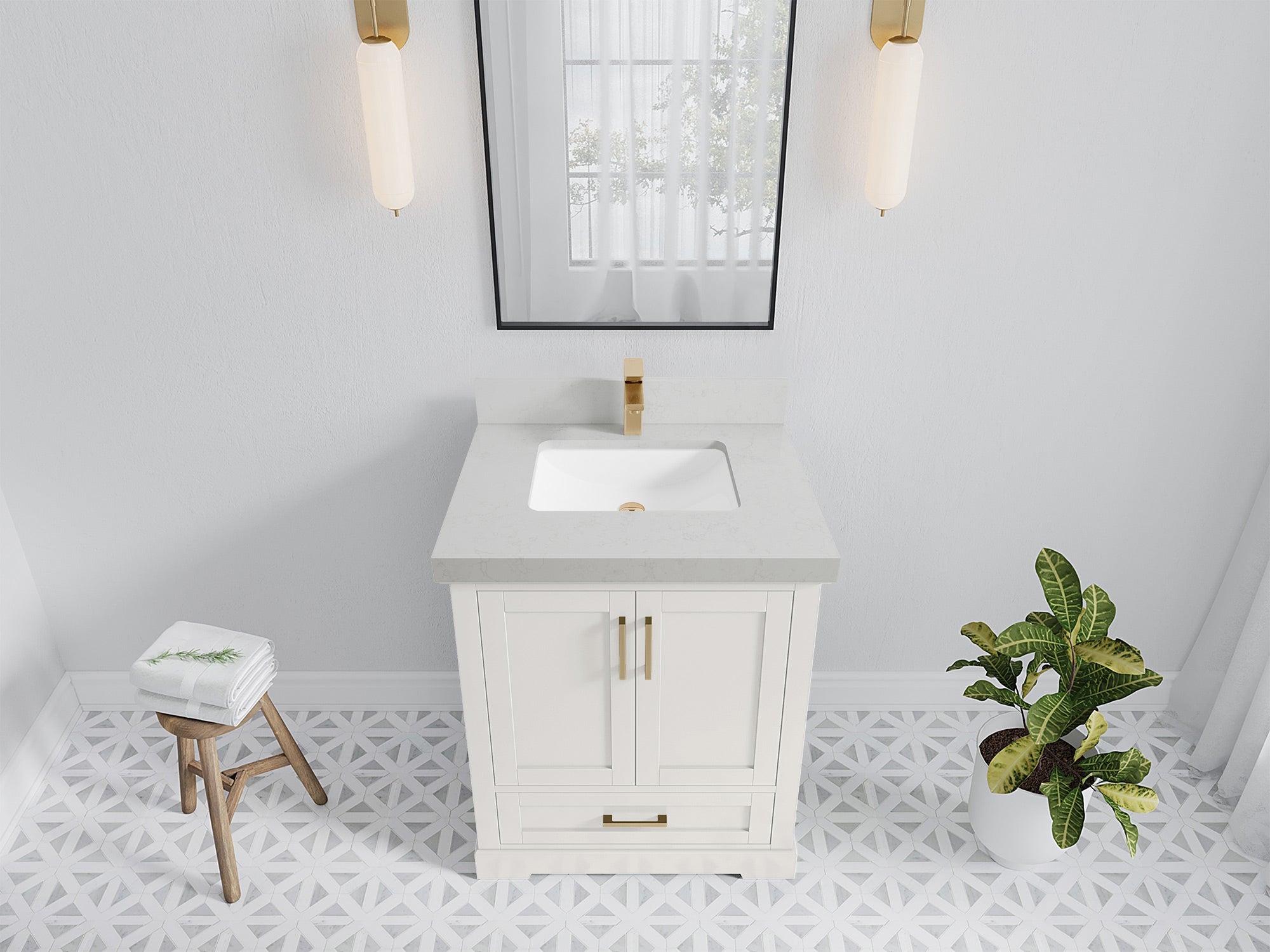 Boston 30 in. W x 22 in. D Single Sink Bathroom Vanity in Alabaster with 2 in Carrara Quartz Countertop - Top View