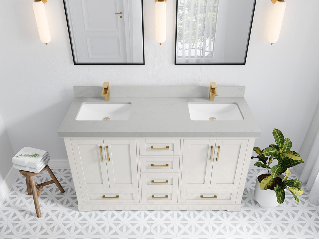 Boston 60 in. W x 22 in. D Double Sink Bathroom Vanity in Alabaster with 2 in Carrara Quartz Countertop - Top View