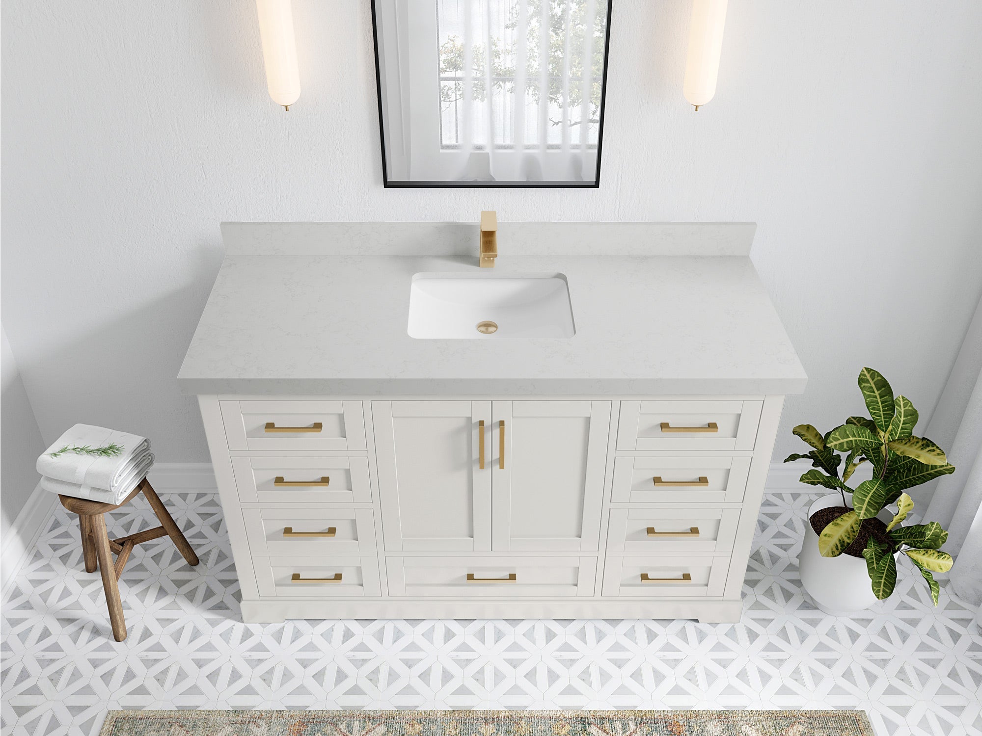 Boston 60 in. W x 22 in. D Single Sink Bathroom Vanity in Alabaster with 2 in Carrara Quartz Countertop - Top View