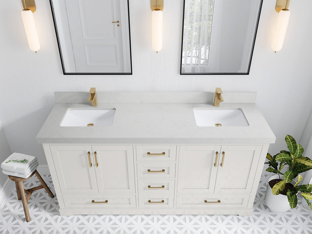 Boston 72 in. W x 22 in. D Double Sink Bathroom Vanity in Alabaster with 2 in Carrara Quartz Countertop - Top View