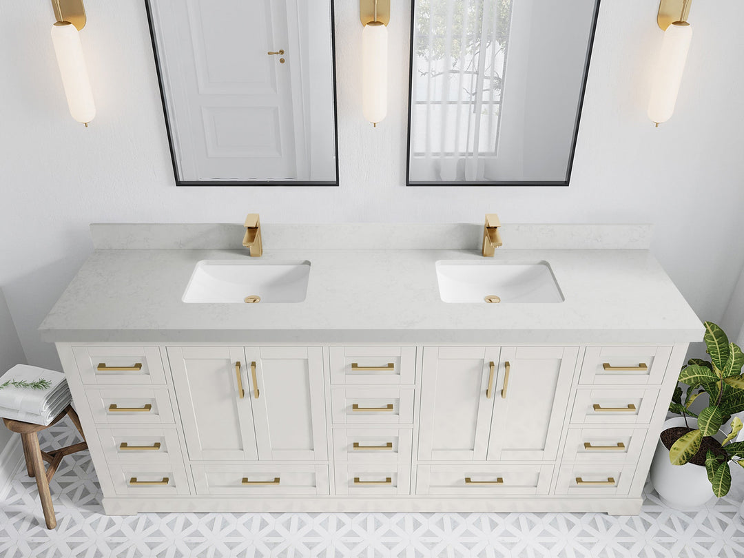 Boston 84 in. W x 22 in. D Double Sink Bathroom Vanity in Alabaster with 2 in Carrara Quartz Countertop - Top View